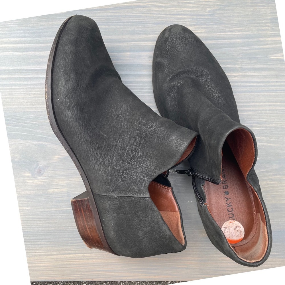 Women's‎ 9.5 M Lucky Brand Brixlee Ankle Booties Black Leather Block Heels